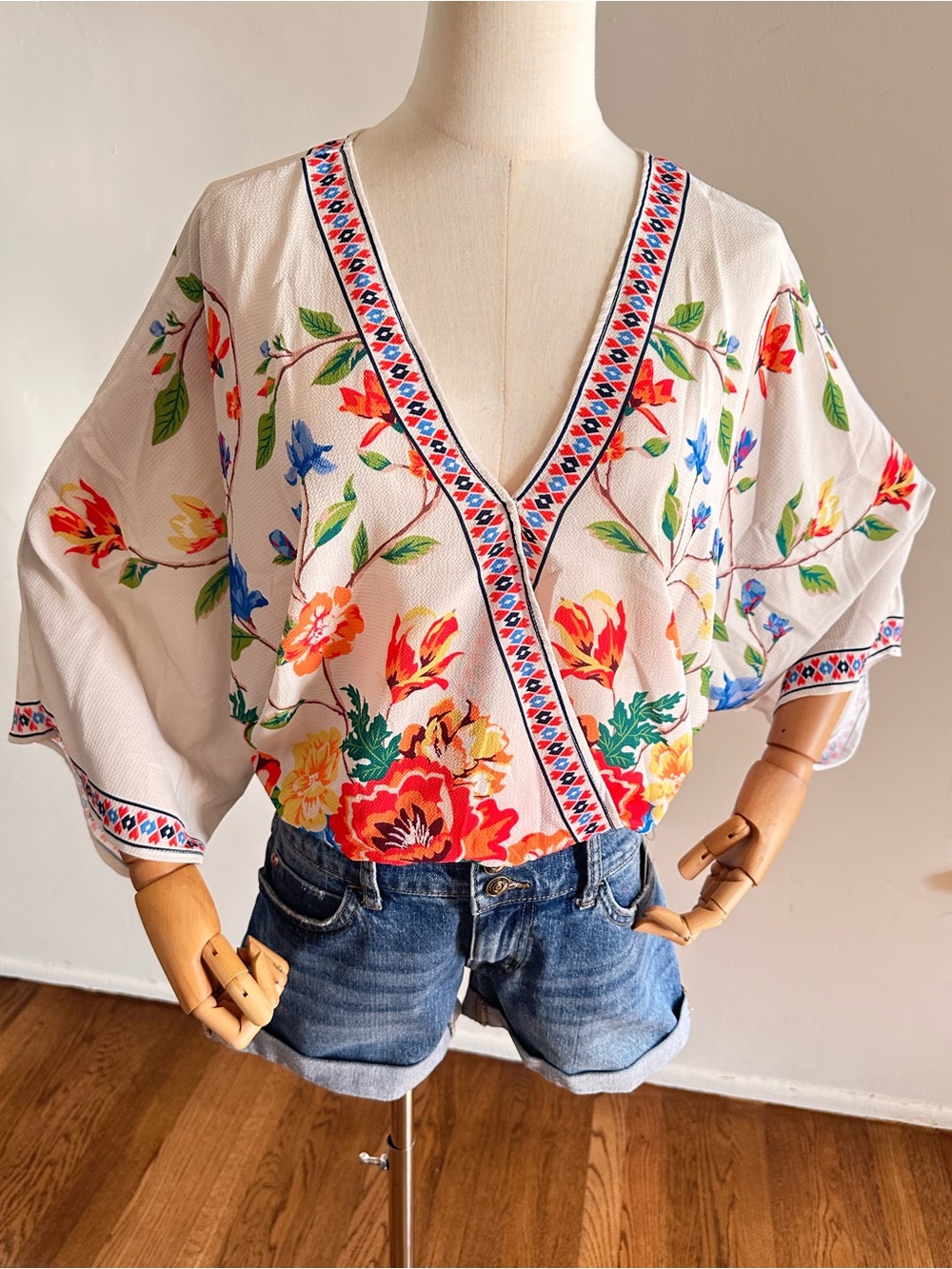 Flying Tomato Floral Faux Wrap Kimono Blouse Boho Multicolor Small